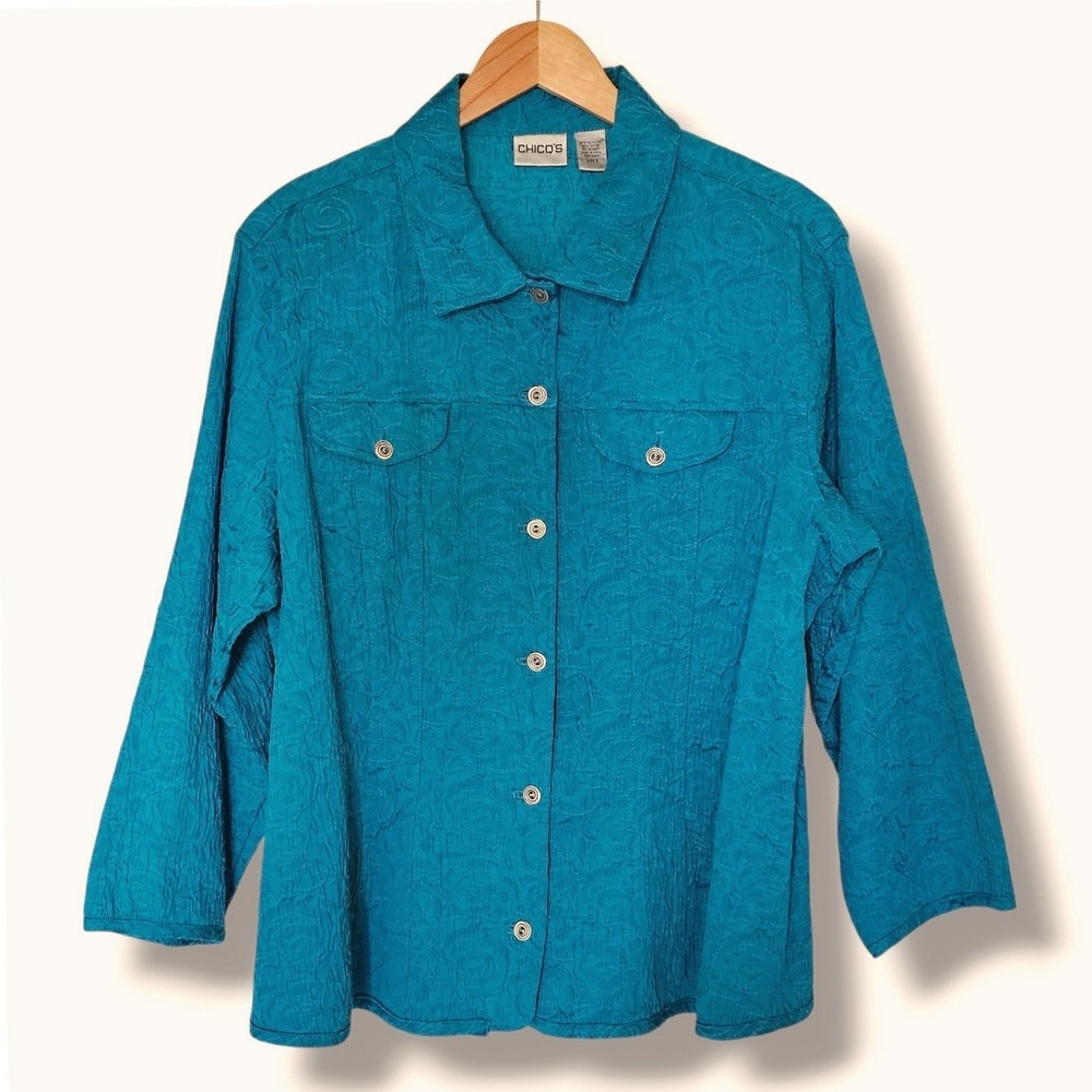 Chico's Button Up Shirt Jacket XL 3 Women Teal Blue Green Crinkle Textured Artsy